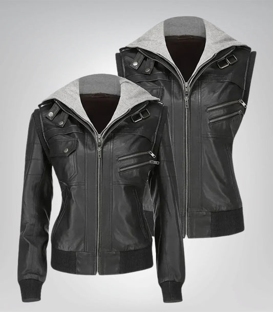 Women’s hooded black lambskin leather jacket – casual everyday style