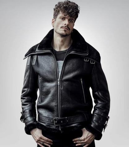 Men’s black B3 shearling flying leather jacket – vintage aviator style