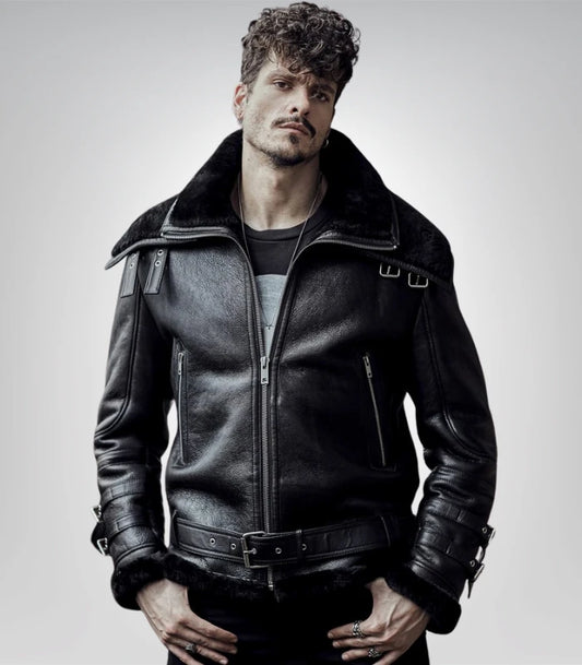 Men’s black B3 shearling flying leather jacket – vintage aviator style