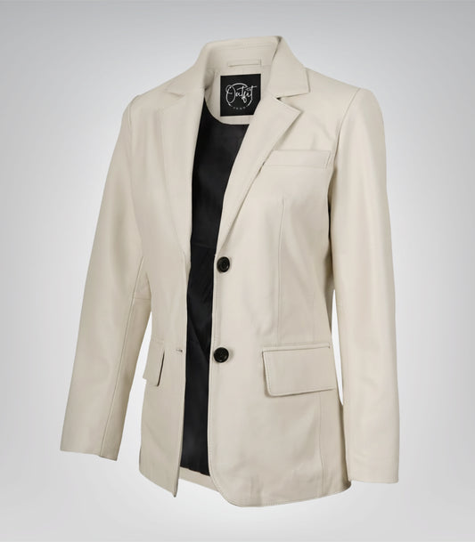 Women’s off-white real lambskin leather blazer
