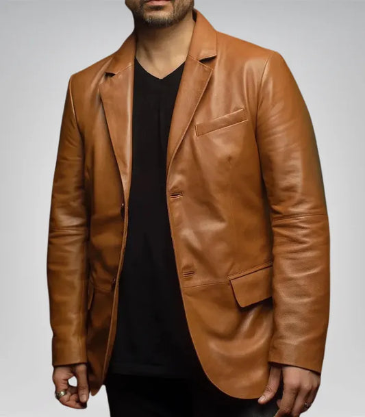 Men’s brown lambskin leather blazer – two-button casual and party coat