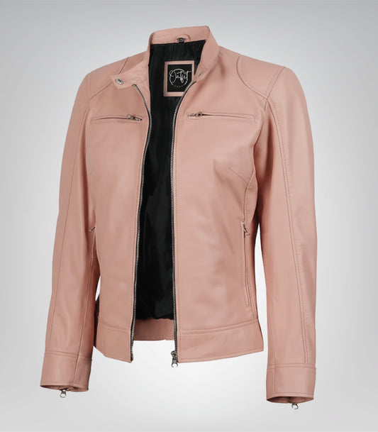 Women’s light pink leather biker jacket in premium Dodge style