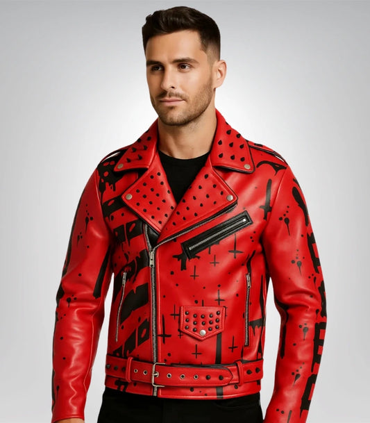 Spiked leather jacket red and black – rebel biker style outerwear