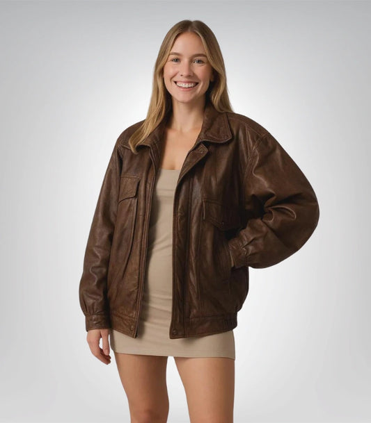 1970s brown leather bomber jacket – distressed oversized retro coat