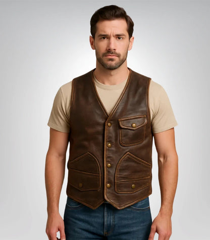 Men’s brown leather motorcycle vest – biker moto racer style