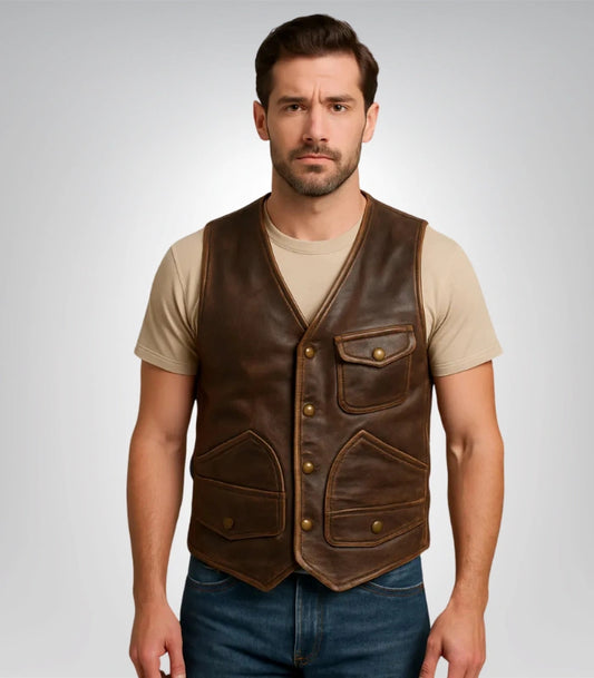 Men’s brown leather motorcycle vest – biker moto racer style
