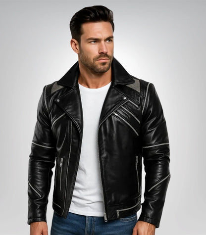 Men’s black leather biker jacket – slim fit moto racer design