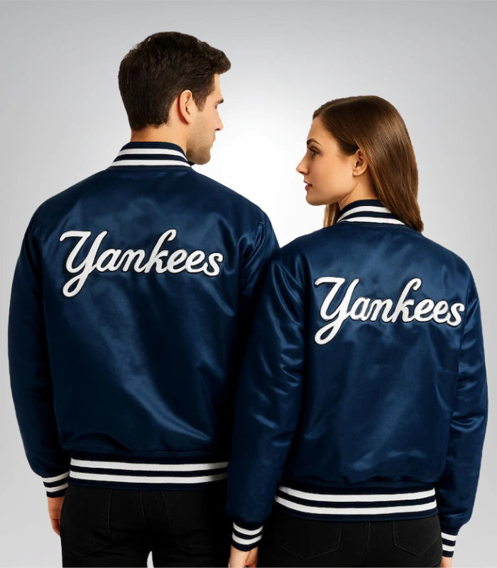 Classic NY Yankees jacket – retro 90s blue satin varsity bomber