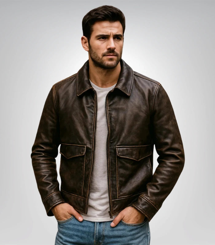 Distressed brown leather bomber jacket – vintage motorcycle style
