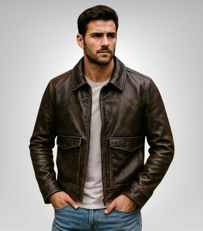Distressed brown leather bomber jacket – vintage motorcycle style