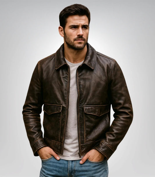 Distressed brown leather bomber jacket – vintage motorcycle style