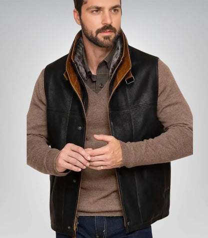 Dark brown leather vest – western cowboy style with shearling collar