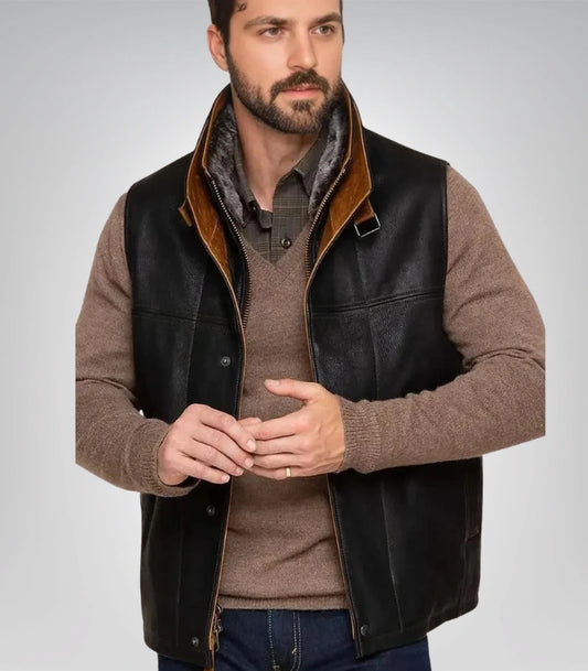Dark brown leather vest – western cowboy style with shearling collar