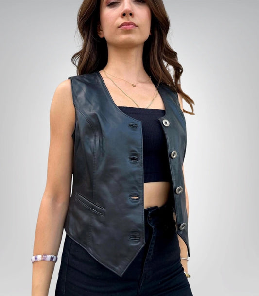 Stylish black genuine leather vest for women with sleek design