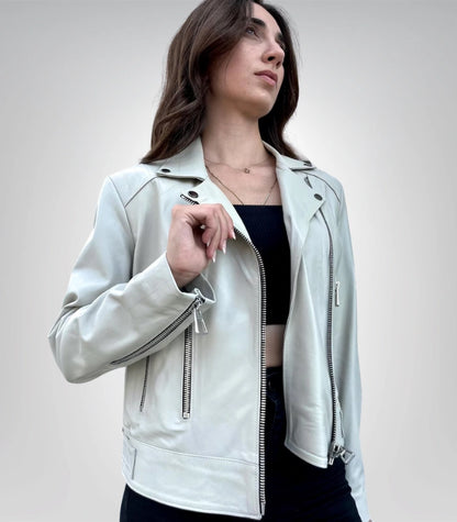 Handmade women’s beige genuine sheepskin leather moto jacket