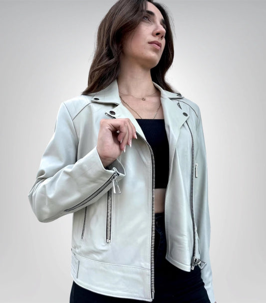 Handmade women’s beige genuine sheepskin leather moto jacket