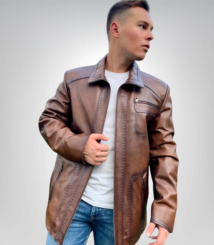 Premium long brown leather jacket for men – timeless design outerwear