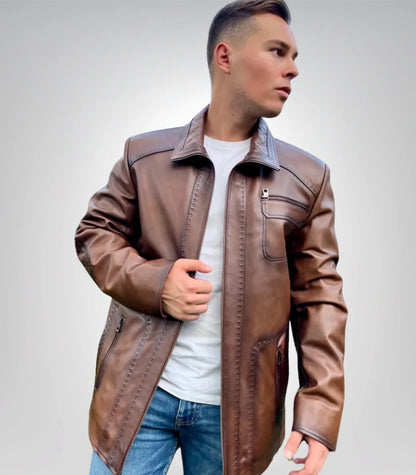 Premium long brown leather jacket for men – timeless design outerwear