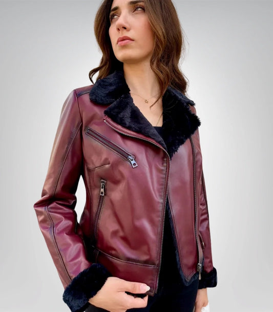 Furry Burgundy Genuine Leather Jacket