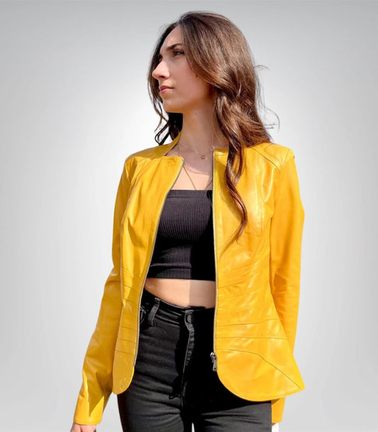 Sports yellow genuine leather jacket – men’s athletic outerwear