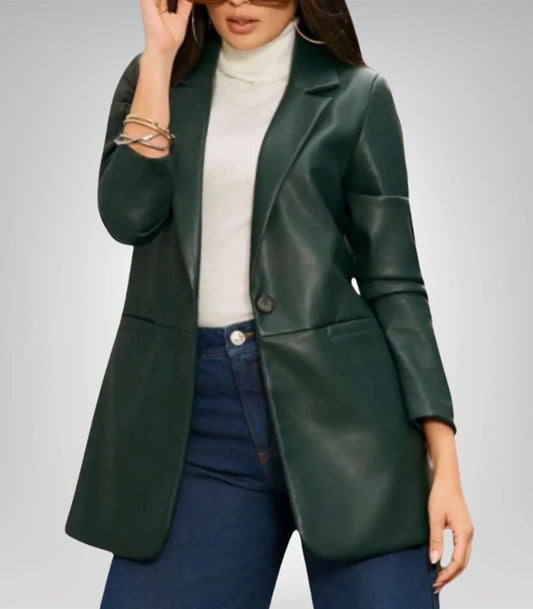 Women’s matte faux leather blazer – hip-length modern jacket
