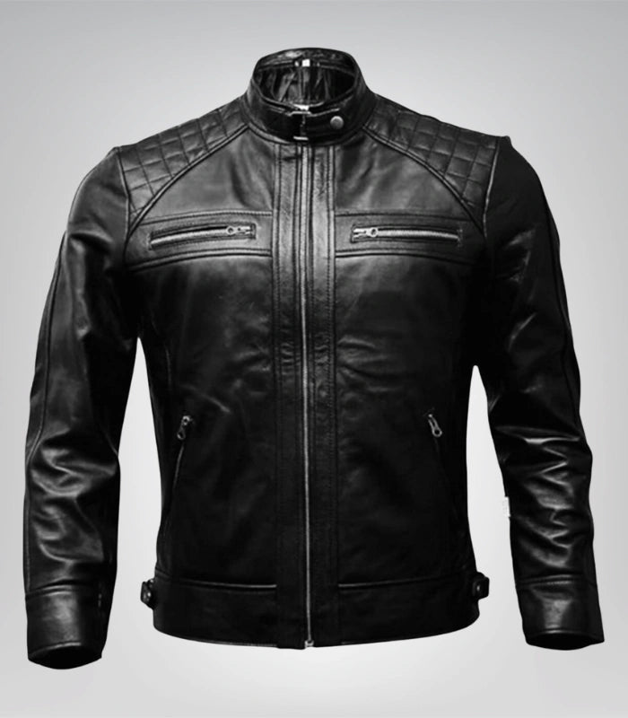 Men’s Diamond Quilted Black Leather Biker Jacket Slim Fit Retro Style