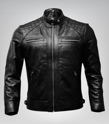 Men’s Diamond Quilted Black Leather Biker Jacket Slim Fit Retro Style