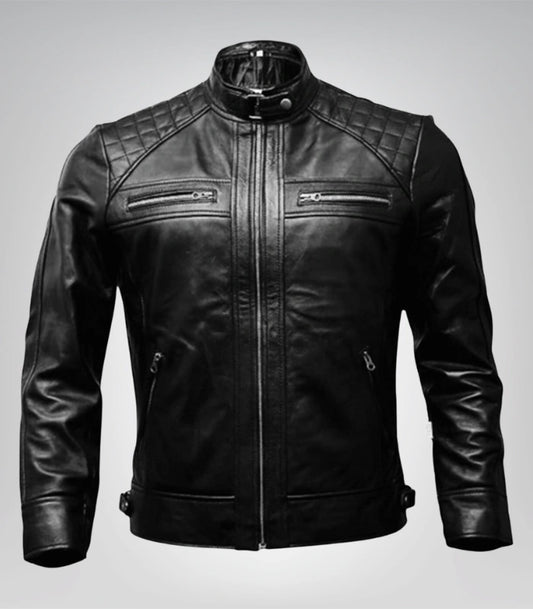 Men’s Diamond Quilted Black Leather Biker Jacket Slim Fit Retro Style
