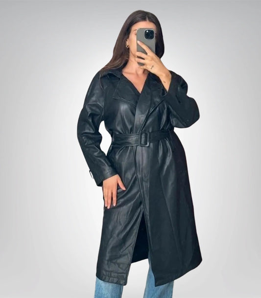Vintage black leather trench coat – belted double-breasted longline jacket for women