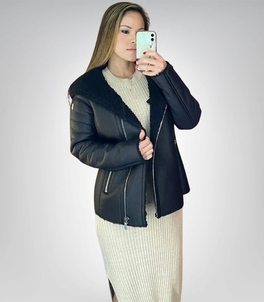 Black leather moto jacket – shearling lined peplum biker coat for women
