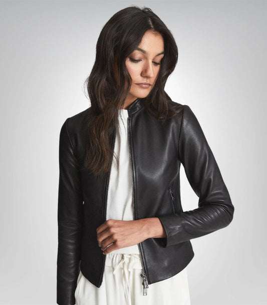 Women’s Black Leather Jacket 100% Lambskin with Gunmetal Zipper