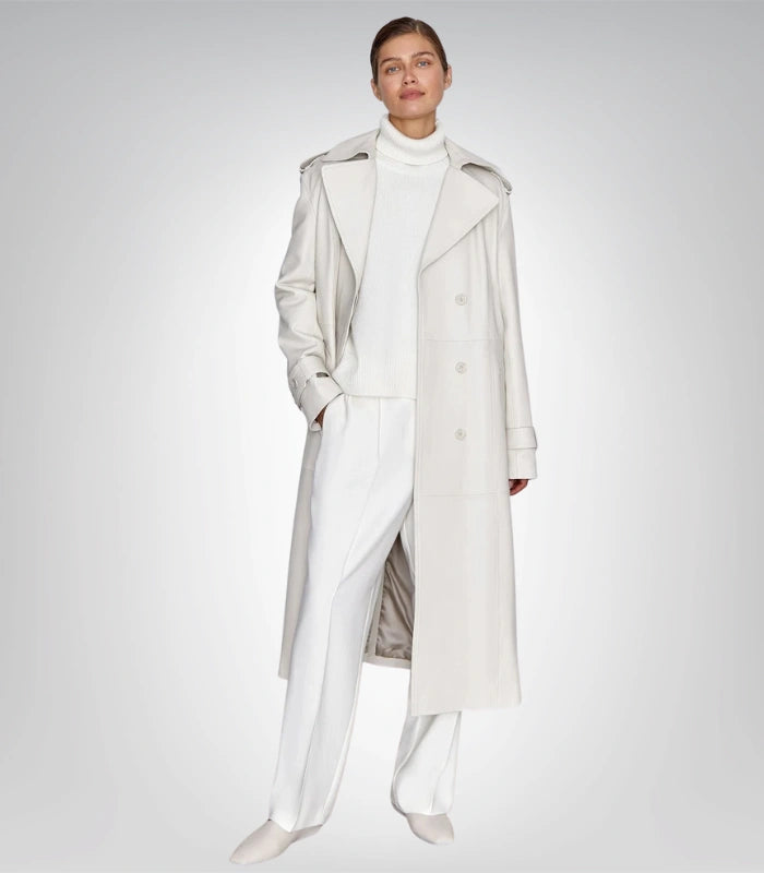 Women’s off-white leather trench coat – long elegant style outerwear