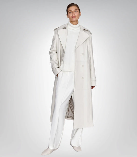 Women’s off-white leather trench coat – long elegant style outerwear