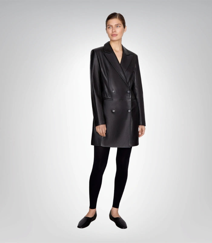 Long black leather coat for women – elegant trench style jacket