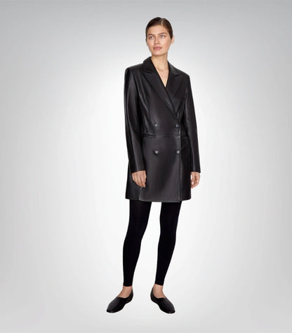 Long black leather coat for women – elegant trench style jacket
