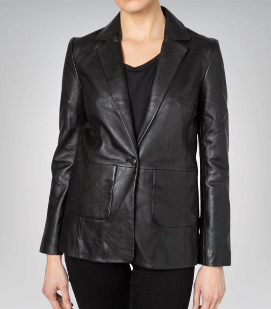 Women’s black leather blazer coat – classic street style jacket