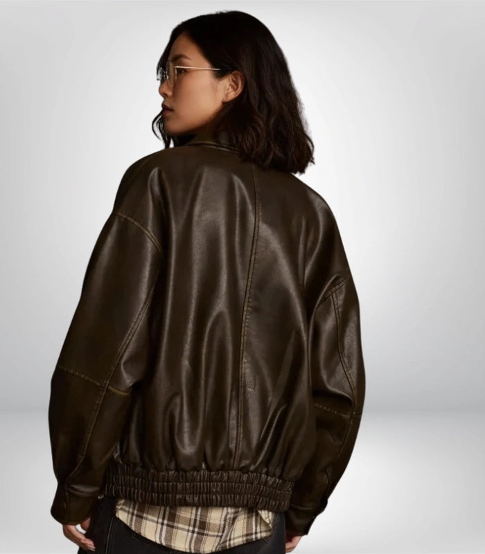 Premium 1990s brown leather jacket – oversized vintage boxy fit