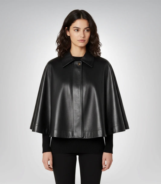 Women’s black leather cape – handmade luxury poncho with button closure