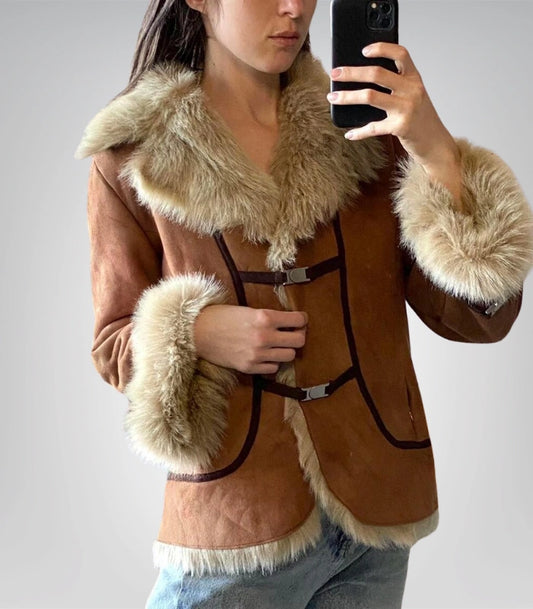 Women’s sheepskin shearling brown fur coat – vintage Afghan suede jacket