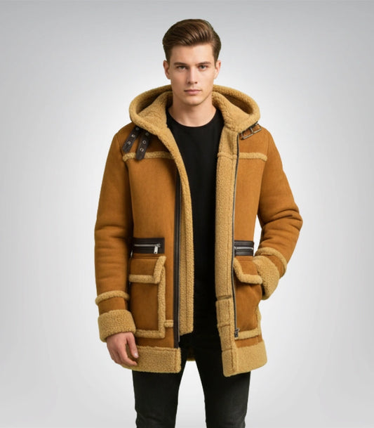 Men's Suede Leather Shearling Bomber Jacket Hooded Winter Coat