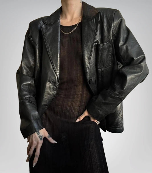Classic street style black leather blazer for women – premium jacket