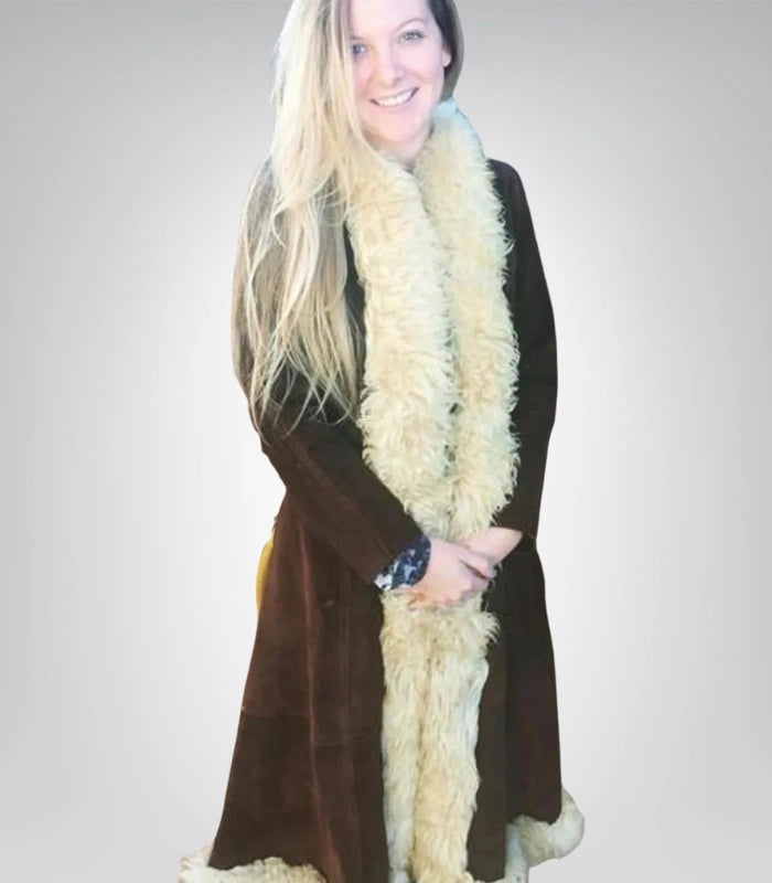 Women’s Dark Brown Sheepskin Suede Coat | Handmade Penny Lane Afghan Style