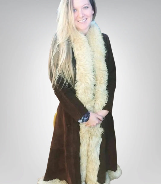Women’s Dark Brown Sheepskin Suede Coat | Handmade Penny Lane Afghan Style