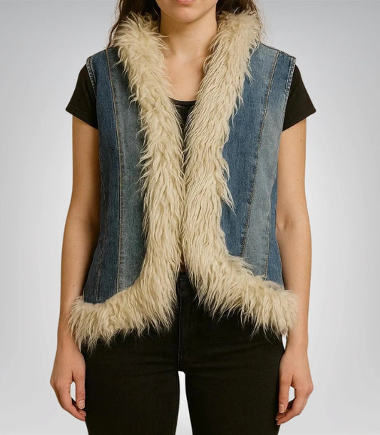 Women’s patchwork denim faux fur vest – handmade 70s boho hippie style