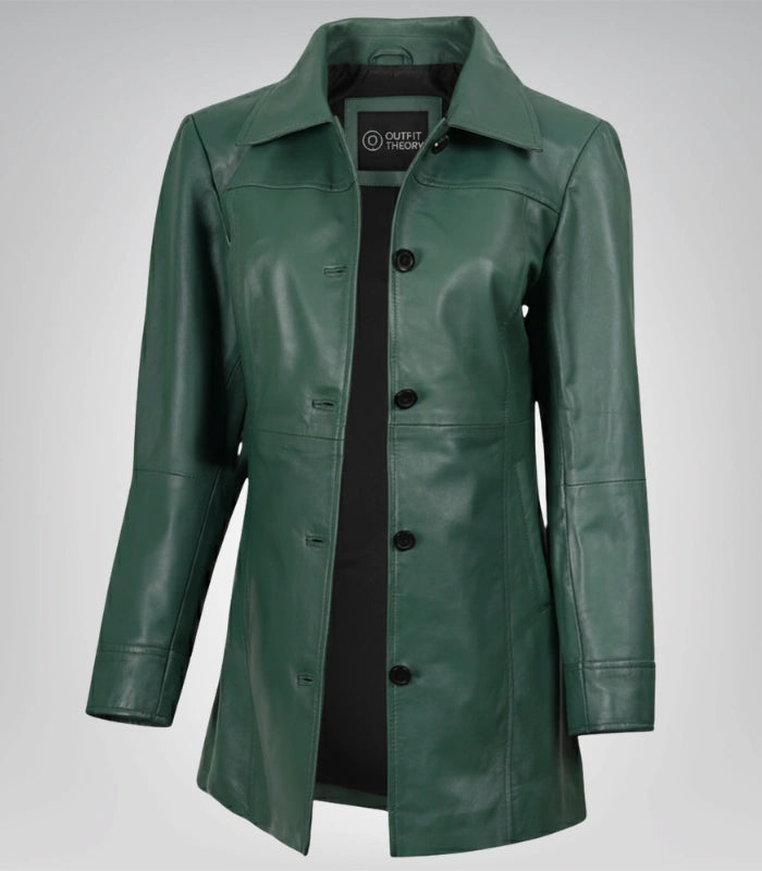Premium women’s leather coat – green mid-length fashion outerwear