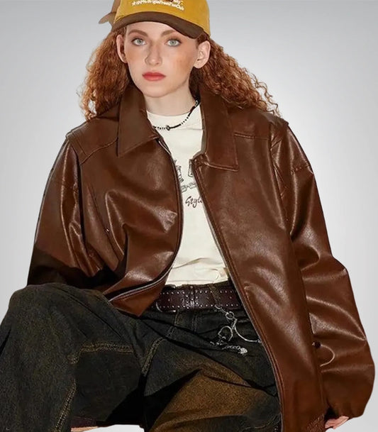 Women’s oversized leather bomber jacket – vintage Korean streetwear 2025