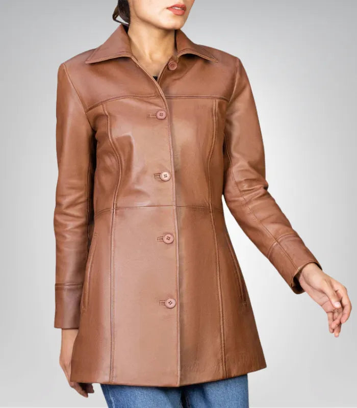 Women’s 3/4 Length Genuine Leather Car Coat – Classic &amp; Elegant Design