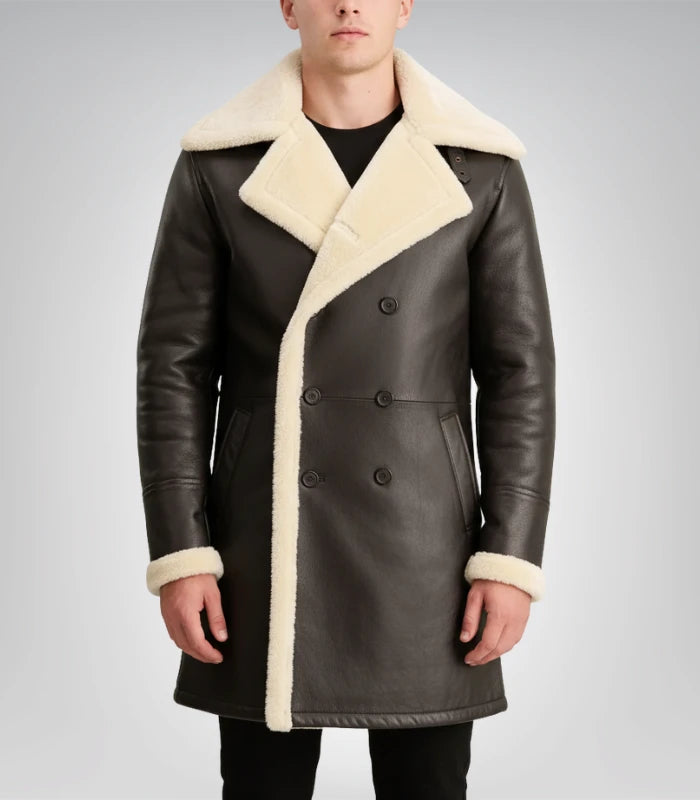 Charles Distressed Black Leather Shearling Double-Breasted Coat