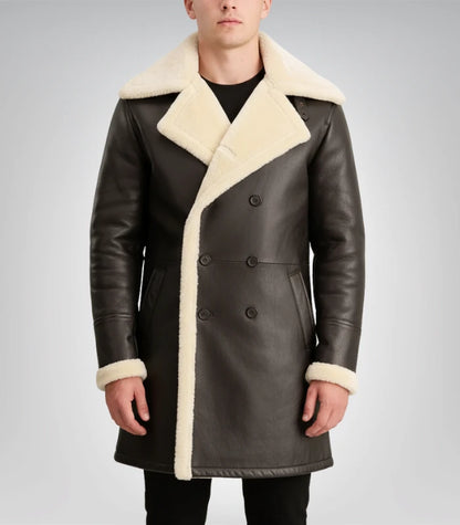 Charles Distressed Black Leather Shearling Double-Breasted Coat