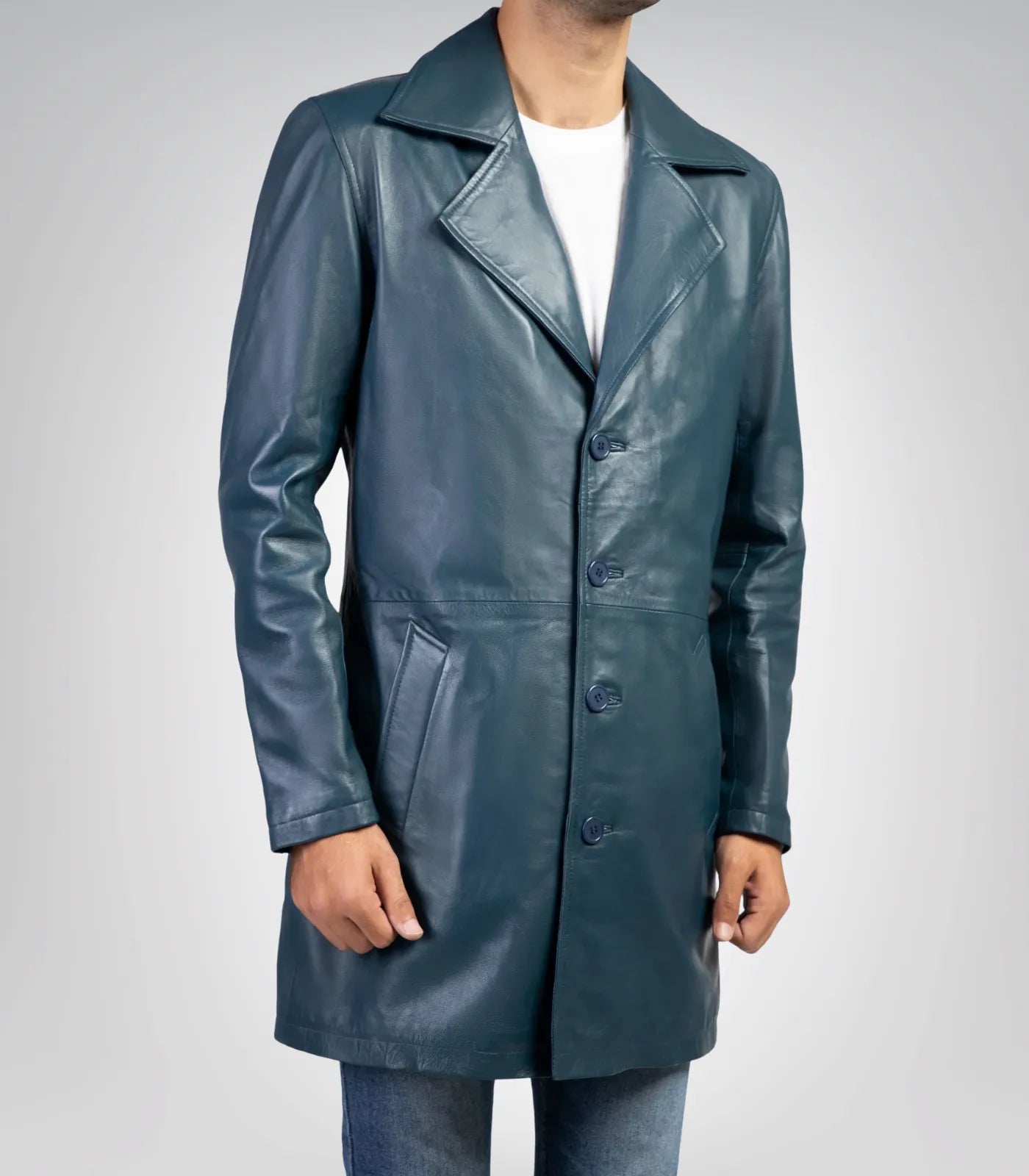 Elegant men’s blue leather trench coat – genuine leather long outerwear